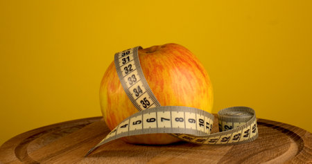 The measuring tape is wrapped around the apple. The concept of sports nutrition, fitness and diet.の写真素材