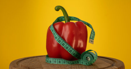 The Red pepper and the measurement tape are spinning. Sports nutrition, fitness and diet concept.の写真素材