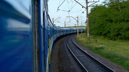 Transport, travel, road, railway, landscape, comnication concept - View from train window in motion