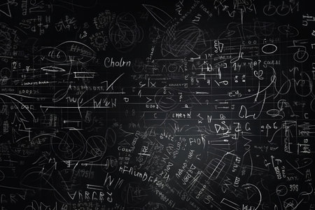 Blackboard inscribed with scientific formulas and calculations in physics and mathematics. Generative AI.の素材