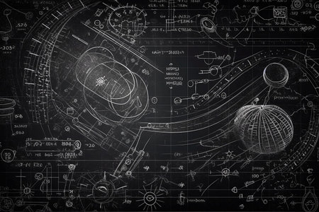 Blackboard inscribed with scientific formulas and calculations in physics and mathematics. Generative AI.の素材