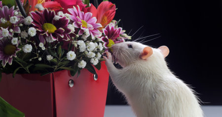 Close-up of white rat sniffs beautiful flowers.の写真素材