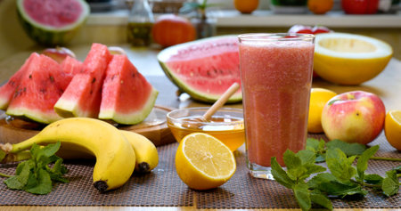 Watermelon banana Smoothie is poured into a glass on the background of fresh fruits. The fruit cocktail is ready to eat. Healthy and vegetarian food concept.の写真素材
