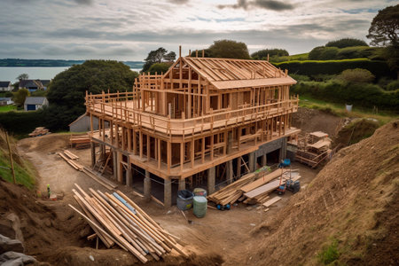 Construction of frame houses. The concept of the construction industry. Generative AIの素材