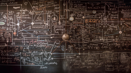 Blackboard inscribed with scientific formulas and calculations in physics and mathematics. Generative AI.の素材
