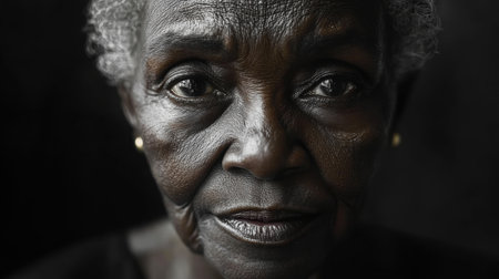 A wise elderly woman with deep-set eyes and textured skin looks directly at the viewer, showcasing her unique beauty and life experiences in soft, natural light. Generative AIの素材