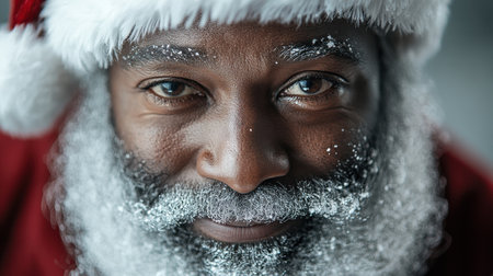 A man dressed as Santa Claus, with a snowy beard and festive hat, gazes warmly, embodying the joy and magic of the holiday season at a cozy indoor setting. Generative AIの素材