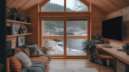 A warm cabin interior featuring a comfortable sofa and a large window overlooking a snowy river landscape. The setting embraces winters tranquility and nature. Generative AIの素材