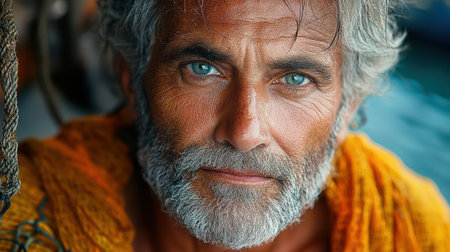 An older man with striking blue eyes and silver hair gazes intensely, wearing a vibrant orange garment. The setting reflects a warm, coastal environment at dusk. Generative AIの素材