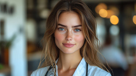 A young woman wearing a medical coat and stethoscope smiles at the camera in a bright clinic. Natural light fills the space, creating a welcoming atmosphere. Generative AIの素材
