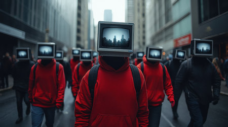 A diverse group of individuals wearing red hoodies walks through a bustling urban street, each with a vintage television for a head, displaying a cityscape. Generative AIの素材