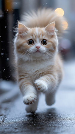 A playful kitten with fluffy fur races across a snowy street. Its bright eyes reflect the excitement of winter, adding charm to the serene, white landscape. Generative AIの素材