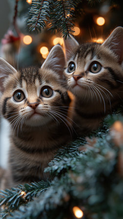 Two adorable striped kittens gaze curiously from behind greenery, their wide eyes reflecting the warm glow of holiday lights. An enchanting moment full of innocence. Generative AIの素材