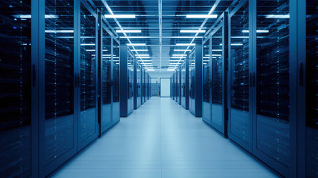 Rows of server racks fill a modern data center, featuring glowing blue lights that create a...