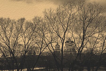 Church oil painting behind the trees.の写真素材