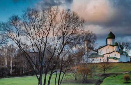 The painting shows the Church on the background of trees and sky,a painting made with the use of filter oilの写真素材