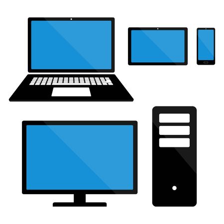 Electronic Devices isolated on white background. Smartphones, tablets, computer monitor, laptop. vector setのイラスト素材