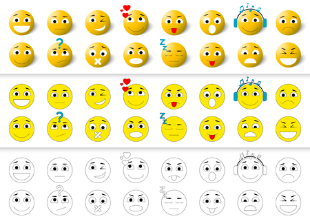 Set of emoticons icons, smile collection. Emoji in flat style, outline and 3d. Isolated vector.のイラスト素材