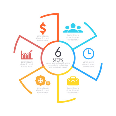 Outline round infographic element. Circle template 6 steps with arrows.のイラスト素材