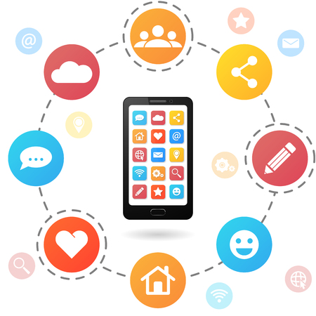 Set of social media icons with smartphone. Flat design style. Isolated on white background.のイラスト素材