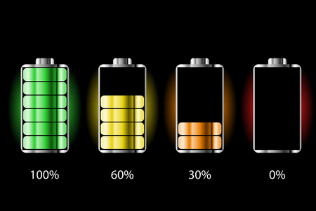 Battery charge status with lighting. Battery indicators with low and high energy levels. Full charge energy for mobile phone. Accumulator indicator icon of power level. Isolated on black background.のイラスト素材