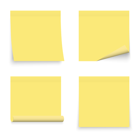 Set of yellow stickers papers. Note paper with curled corner. Vector isolated on white background.のイラスト素材