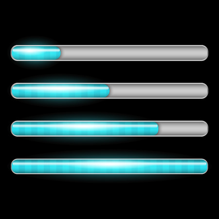 Progress loading bar with lighting. Preloaders on black background.