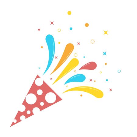 Birthday exploding party with stars, ribbons, striped paper. Exploding popper with serpantin, pulling cracker isolated on white background.のイラスト素材