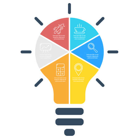 Light bulb infographic. Business idea concept with 6 options, steps or elements. Modern colorful lamp. Template for presentation or diagram.のイラスト素材