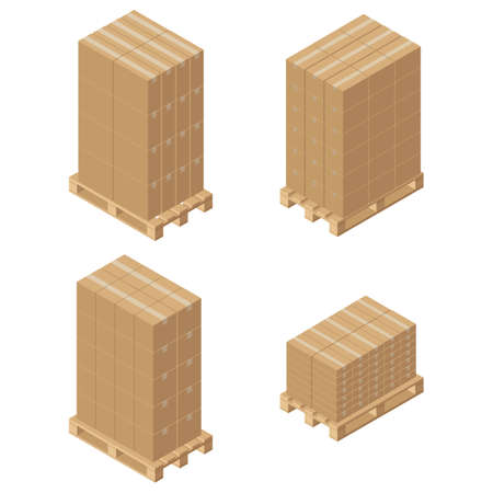 Isometric cardboard boxes on wooden pallet. Cargo box. Isolated on white background. Vector illustration in flat style.のイラスト素材