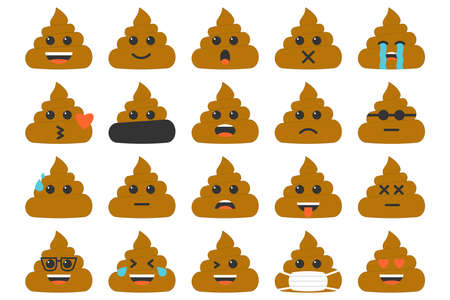 Emoticons vector icons set. Flat emoji collection. Poop funny emotion icons happy, laughing and crying isolated on white background.のイラスト素材