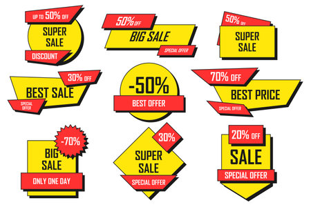Set of tags and labels for sale. Template for use in trade labels, stickers, discounts and price tags on paper or website. Special offer. Vector illustration.のイラスト素材