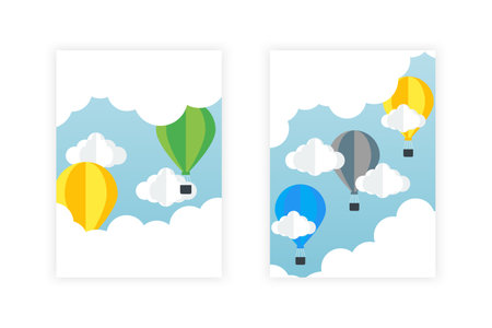 Colorful banners with Air Balloons on sky and cloud. Paper art.のイラスト素材