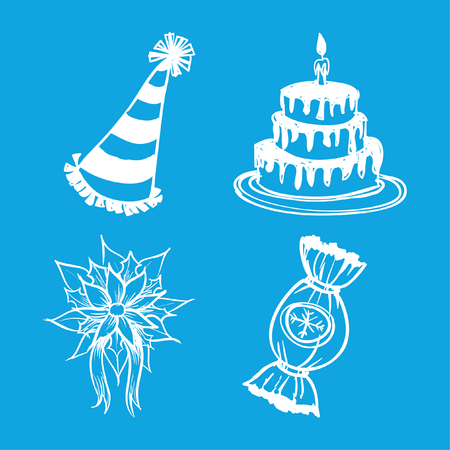 Christmas flat icons set drawing with lines. Outline symbols of Happy New Year, Xmas holiday celebration. Winter vacation. Editable stroke. Vector illustration. Christmas party set. Blue background.のイラスト素材