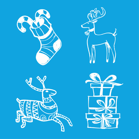 Christmas flat icons set drawing with lines. Outline symbols of Happy New Year, Xmas holiday celebration. Winter vacation. Editable stroke. Vector illustration. Christmas party set. Blue background.のイラスト素材