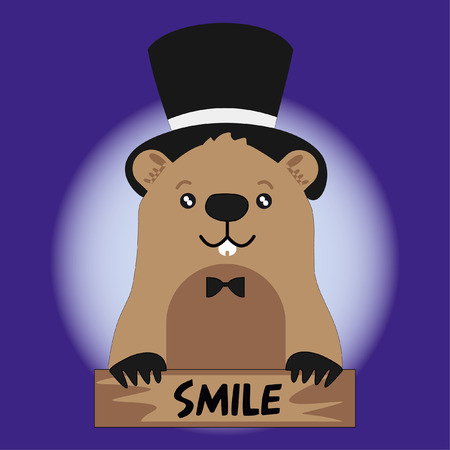 Funny groundhog in black hat on blue gradient background with smile card. Vector Design with Cute Marmot Character - Advertising Poster or Flyer Templateのイラスト素材