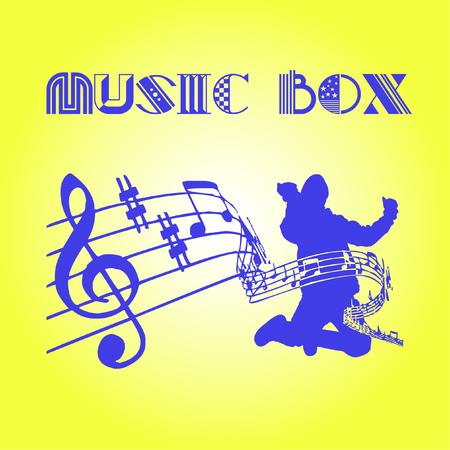 Jumping man silhouete with notes on yellow gradient background with MUSIC BOX text. Music concept. Ultra violet color.のイラスト素材