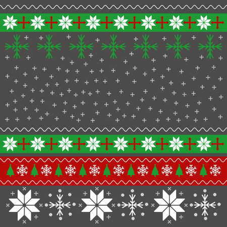 Merry Christmas Happy New Year greeting card frame knitted pattern with snowflakes. Traditional sweater pattern. Red and green stripe background. Texture for walpaper. Vector illustration.のイラスト素材