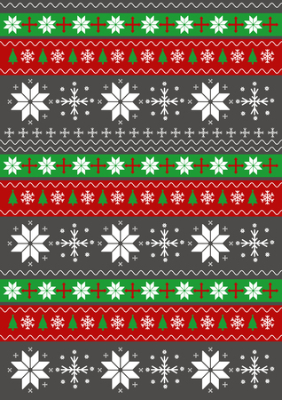 Merry Christmas Happy New Year greeting card frame knitted pattern with snowflakes. Traditional sweater pattern. Red and green stripe background. Texture for walpaper. Vector illustration.のイラスト素材