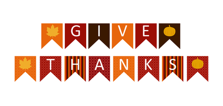 Give thanks sign text in triangle colorful Icon. Celebration quotation for card vector illustration. Modern design poster with leaves and pumpkin. For shop, web, business, flyers, and post.のイラスト素材
