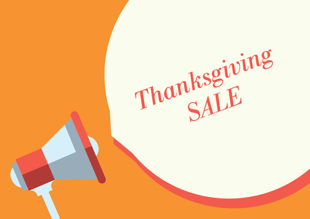 Pop art flat design vector business illustration concept bubble speech. "Thanksgiving Sale!" text.  Loudspeaker digital marketing megaphone for website and promotion banners. Orange background.のイラスト素材