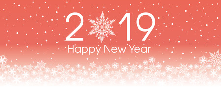 2019 Happy New Year card template. Design patern snowflakes with living coral and white color.
