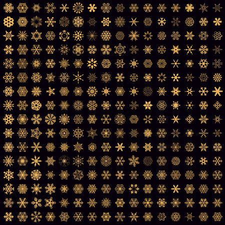 256 graceful snowflakes. Big snowflakes collection vector icon set black and golden background color. Graphic crystal frozen decoration. Cute nice element for christmas, new year banner, cards.のイラスト素材