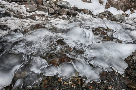 Close up view of a stream of water in the river. Frozen ice.