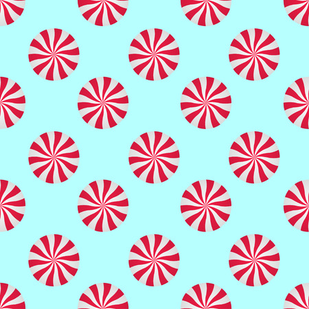 Peppermints Candies Cream Seamless Vector Pattern. Red and White Swirls Isolated on blue background. Christmas Candy Illustrationのイラスト素材