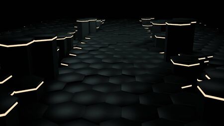 Abstract black hexagon background with metal texture and yellow lightning. Polygonal dark surface....