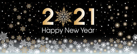 2021 Happy New Year template with gold and white snowflakes and stars on background.のイラスト素材