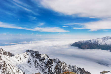 Mountain landscape view in Kyrgyzstan. Rocks, snow and stones in mountain valley view. Mountain...