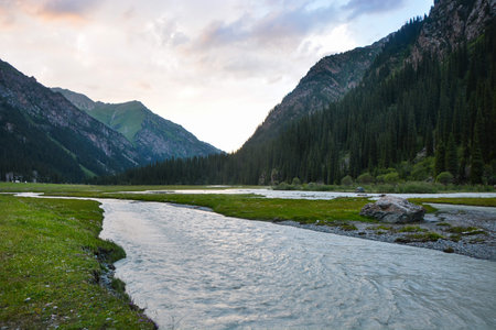Idyllic summer landscape with hiking trail in the mountains with beautiful fresh green mountain...