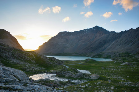 Wonderful mountain landscape, lake, highland, peak, beauty world. Picturesque view near Alakul lake...